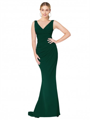 Verde Meia-Noite Sereia Decote V Crepe Esticado Longo Formais Vestidos de Madrinha / Vestidos de Festa
