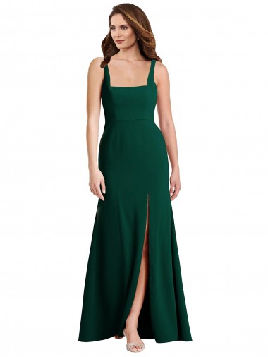 Verde Meia-Noite Trombeta Decote Quadrado Crepe Esticado Longo Vestidos de Madrinha / Vestidos de Festa