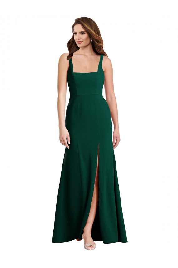Verde Meia-Noite Trombeta Decote Quadrado Crepe Esticado Longo Vestidos de Madrinha / Vestidos de Festa