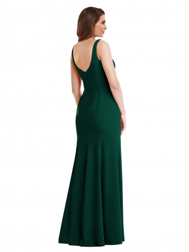Verde Meia-Noite Trombeta Decote Quadrado Crepe Esticado Longo Vestidos de Madrinha / Vestidos de Festa