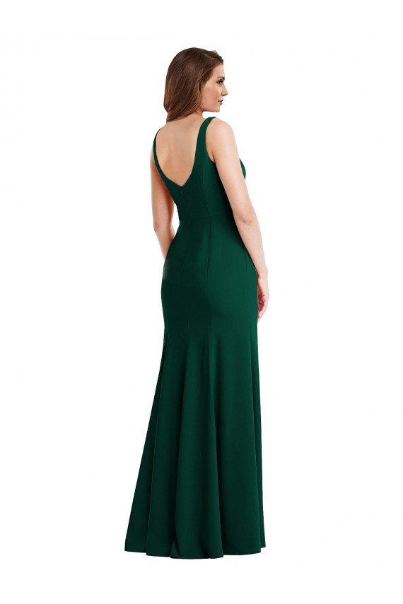 Verde Meia-Noite Trombeta Decote Quadrado Crepe Esticado Longo Vestidos de Madrinha / Vestidos de Festa