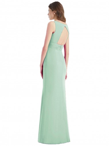 Verde Menta Chiffon Trombeta Abrir de volta Decote V Longo Vestidos de Madrinha