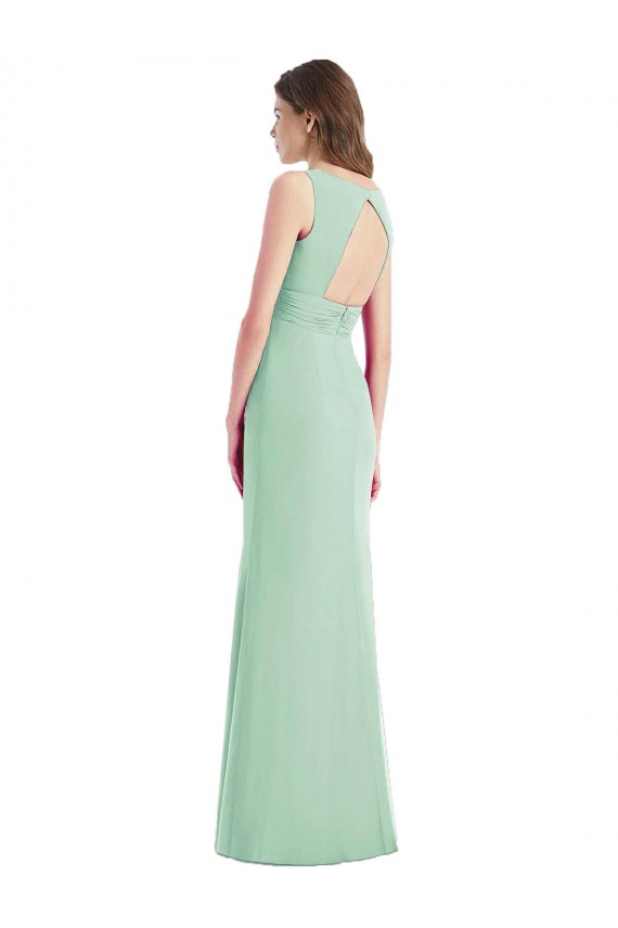 Verde Menta Chiffon Trombeta Abrir de volta Decote V Longo Vestidos de Madrinha