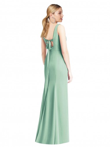 Verde Menta Chiffon Trombeta Amarrar para trás Decote V Longo Vestidos de Madrinha