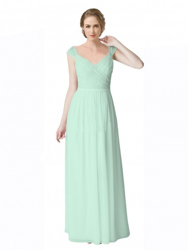 Verde Menta Linha A Decote V Chiffon & Renda Longo Vestidos de Madrinha
