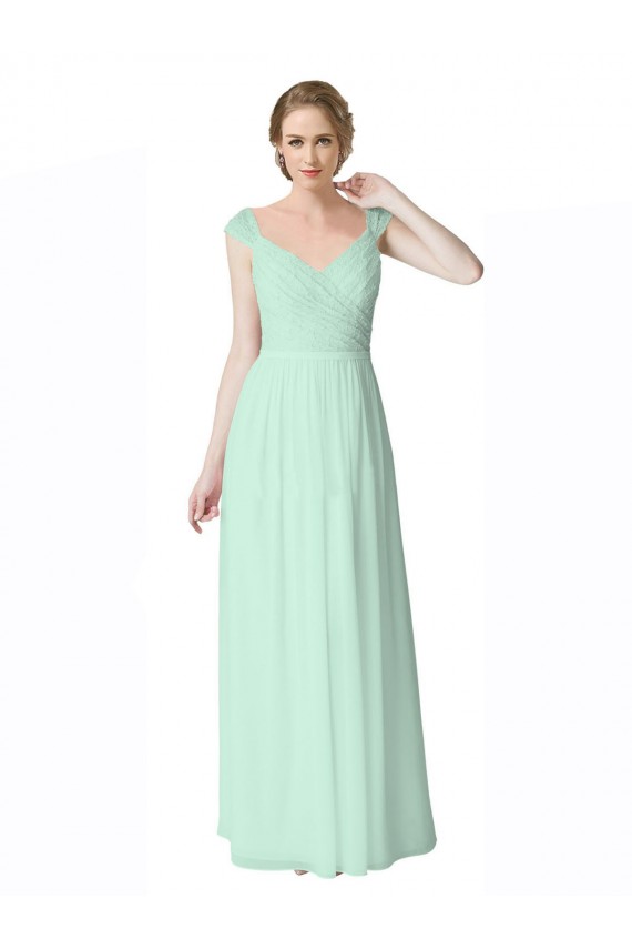 Verde Menta Linha A Decote V Chiffon & Renda Longo Vestidos de Madrinha Acessíveis