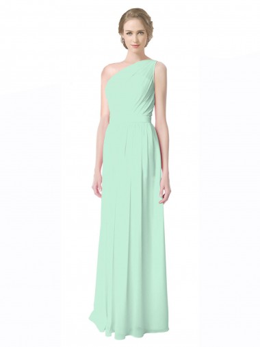 Verde Menta Linha A Um Ombro Chiffon Longo Vestidos de Madrinha