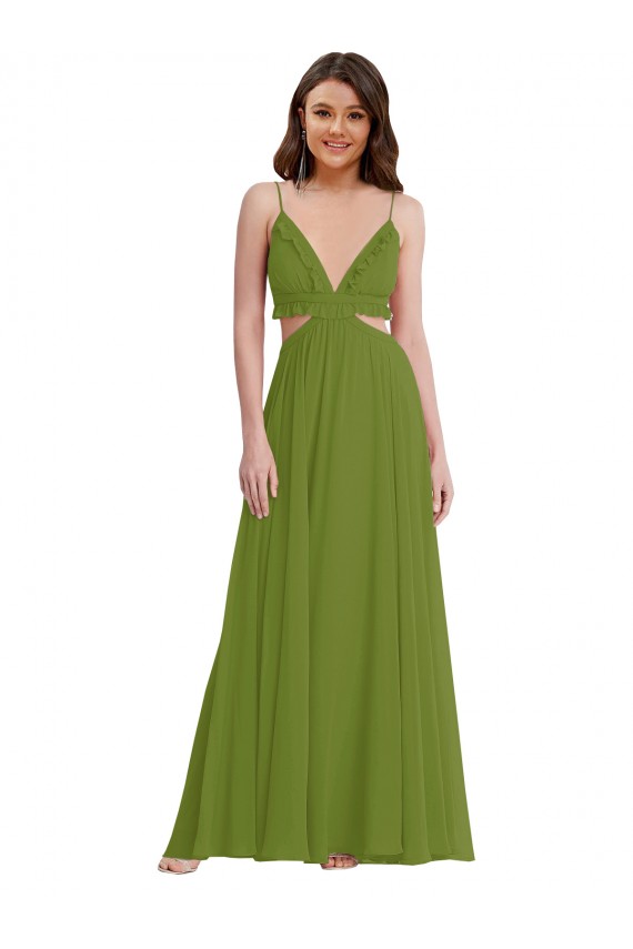 Verde Oliva Linha A Decote V Chiffon Longo Vestidos de Madrinha Acessíveis