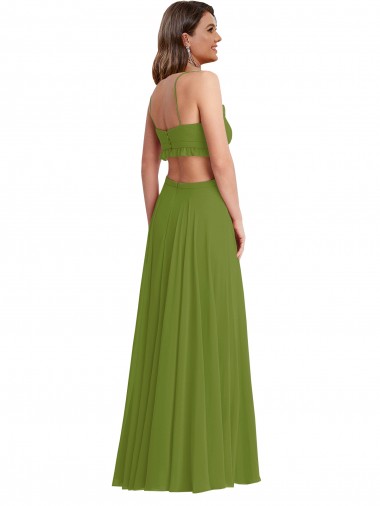 Verde Oliva Linha A Decote V Chiffon Longo Vestidos de Madrinha