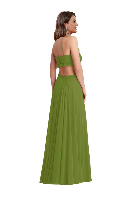 Verde Oliva Linha A Decote V Chiffon Longo Vestidos de Madrinha Acessíveis