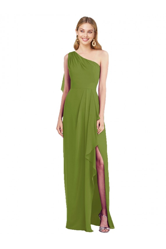 Verde Oliva Trombeta Um Ombro Chiffon Longo Vestidos de Madrinha Acessíveis