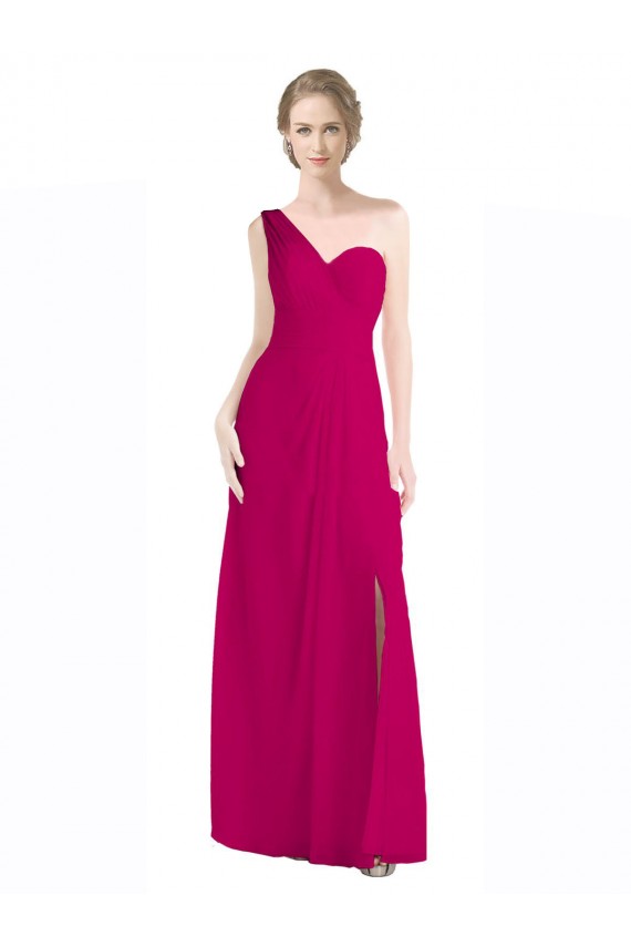 Vermelho 16 Linha A Um Ombro Chiffon Longo Vestidos de Madrinha Acessíveis