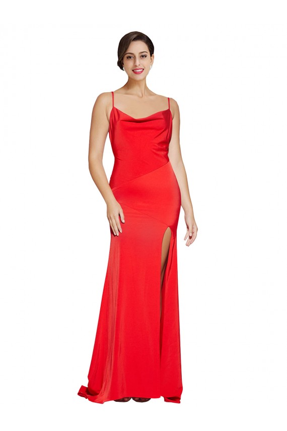 Vermelho Bainha Decote Capuz Cetim Elástico Longo Formais Vestidos de Madrinha / Vestidos de Festa Acessíveis