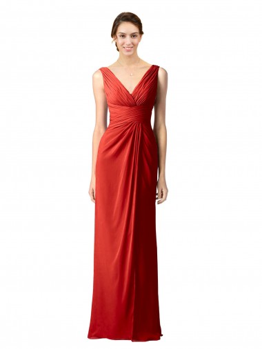 Vermelho Bainha Decote V Chiffon Longo Vestidos de Madrinha