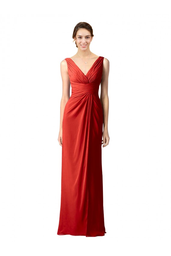 Vermelho Bainha Decote V Chiffon Longo Vestidos de Madrinha