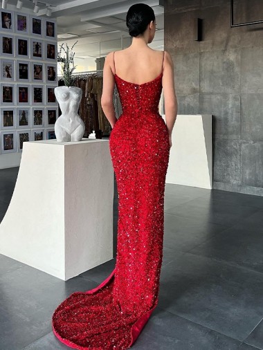 Vermelho Bainha Decote V Comboio Varredela Lantejoulas Veludo Longo Lantejoulas Veludo Vestidos de Festa