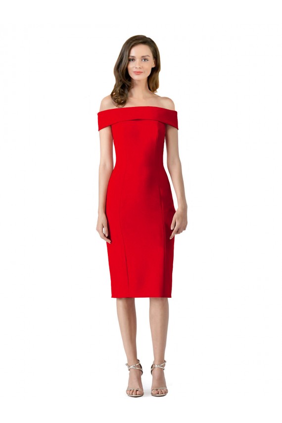 Vermelho Bainha Fora do Ombro Comprimento Chá Crepe Esticado Curto Formais Vestidos de Madrinha / Vestidos de Festa