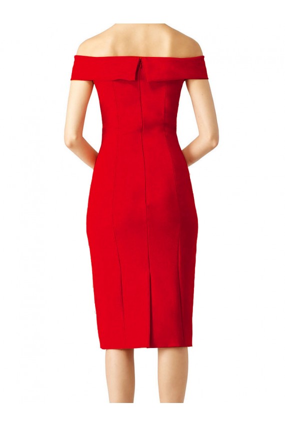 Vermelho Bainha Fora do Ombro Comprimento Chá Crepe Esticado Curto Formais Vestidos de Madrinha / Vestidos de Festa