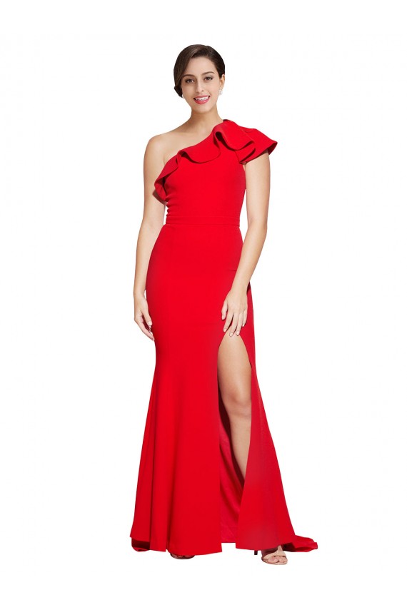 Vermelho Bainha Um Ombro Comboio Varredela Crepe Esticado Longo Vestidos de Madrinha / Vestidos de Festa