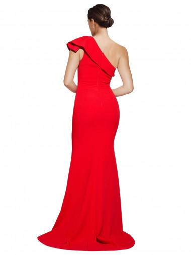 Vermelho Bainha Um Ombro Comboio Varredela Crepe Esticado Longo Vestidos de Madrinha / Vestidos de Festa