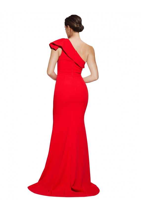 Vermelho Bainha Um Ombro Comboio Varredela Crepe Esticado Longo Vestidos de Madrinha / Vestidos de Festa