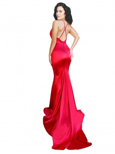 Vermelho Cetim Elástico Sereia Lombar Amor Longo Formais Vestidos de Madrinha / Vestidos de Noite / Vestidos de Festa