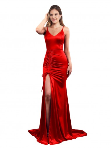 Vermelho Cetim Elástico Sereia Sem Mangas Amor Longo Formais Vestidos de Madrinha / Vestidos de Noite / Vestidos de Festa