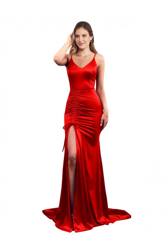 Vermelho Cetim Elástico Sereia Sem Mangas Amor Longo Formais Vestidos de Madrinha / Vestidos de Noite / Vestidos de Festa