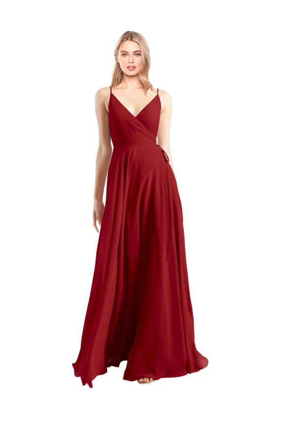 Vermelho Chiffon Linha A Costas em V Decote V Longo Vestidos de Madrinha Acessíveis