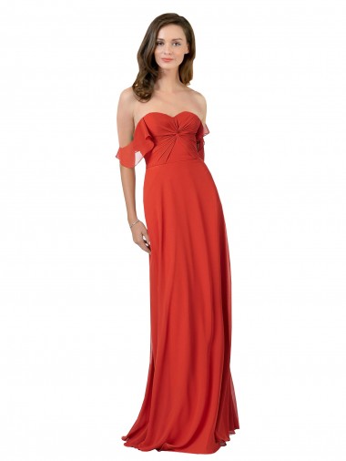 Vermelho Chiffon Linha A Costas em V Sem alças Longo Vestidos de Madrinha