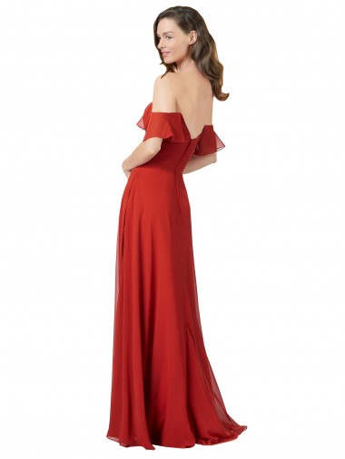 Vermelho Chiffon Linha A Costas em V Sem alças Longo Vestidos de Madrinha