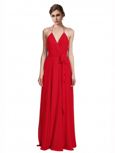 Vermelho Chiffon Linha A Decote V Longo Vestidos de Madrinha