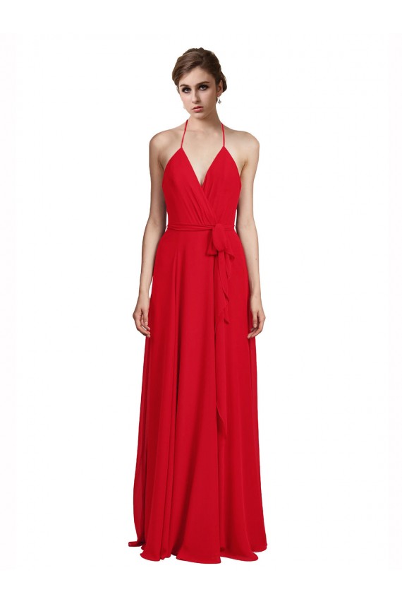 Vermelho Chiffon Linha A Decote V Longo Vestidos de Madrinha
