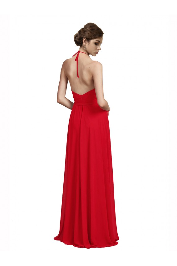 Vermelho Chiffon Linha A Decote V Longo Vestidos de Madrinha