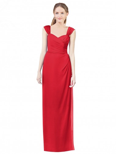 Vermelho Chiffon Linha A Mangas Curtas Amor Longo Vestidos de Madrinha