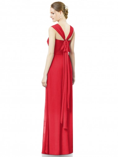 Vermelho Chiffon Linha A Mangas Curtas Amor Longo Vestidos de Madrinha