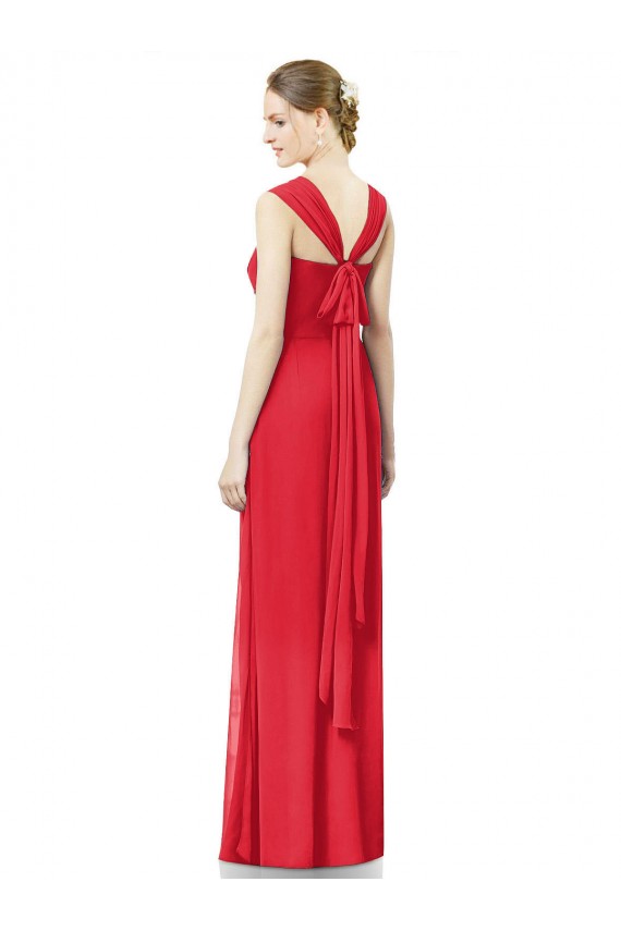 Vermelho Chiffon Linha A Mangas Curtas Amor Longo Vestidos de Madrinha Acessíveis
