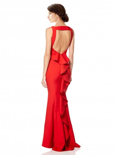 Vermelho Crepe Esticado Sereia Abrir de volta Decote Alto Longo Formais Vestidos de Madrinha / Vestidos de Noite / Vestidos de Festa