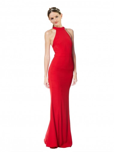 Vermelho Crepe Esticado Sereia Decote Alto Longo Formais Vestidos de Madrinha / Vestidos de Noite / Vestidos de Festa