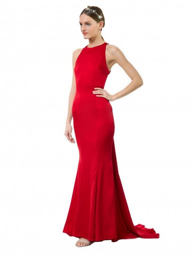 Vermelho Crepe Esticado Sereia Sem Mangas Cabeçada Longo Formais Vestidos de Madrinha / Vestidos de Noite / Vestidos de Festa