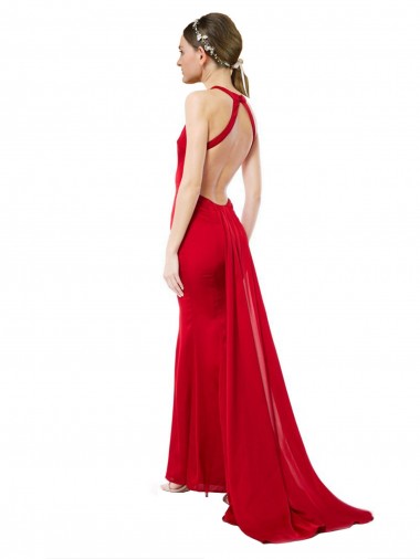 Vermelho Crepe Esticado Sereia Sem Mangas Cabeçada Longo Formais Vestidos de Madrinha / Vestidos de Noite / Vestidos de Festa