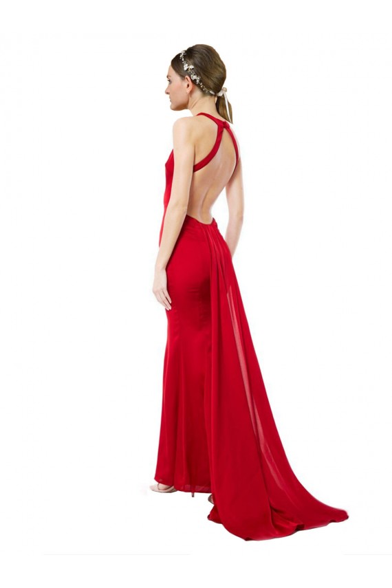 Vermelho Crepe Esticado Sereia Sem Mangas Cabeçada Longo Formais Vestidos de Madrinha / Vestidos de Noite / Vestidos de Festa
