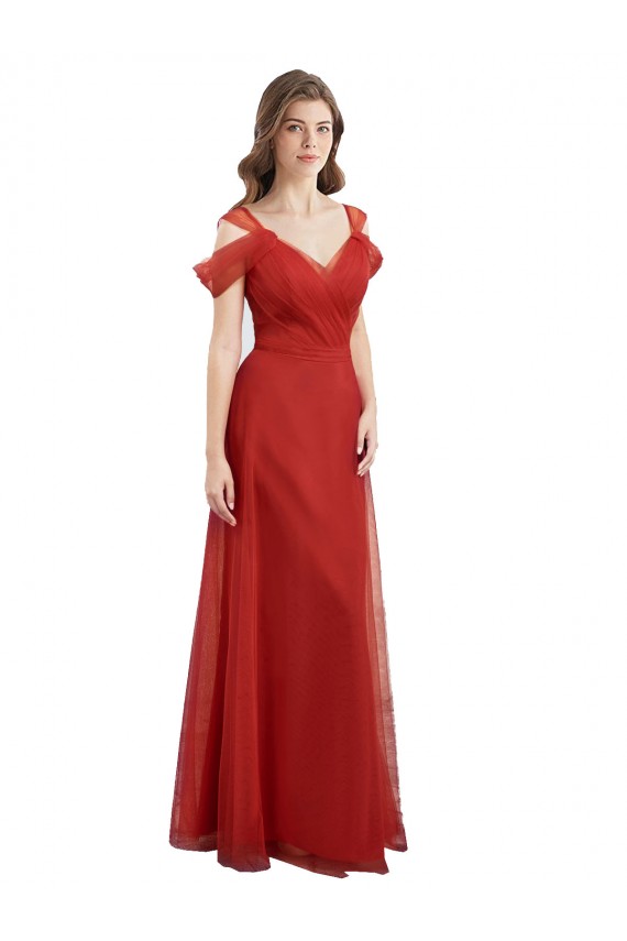 Vermelho Linha A Amor Tule Longo Vestidos de Madrinha Acessíveis