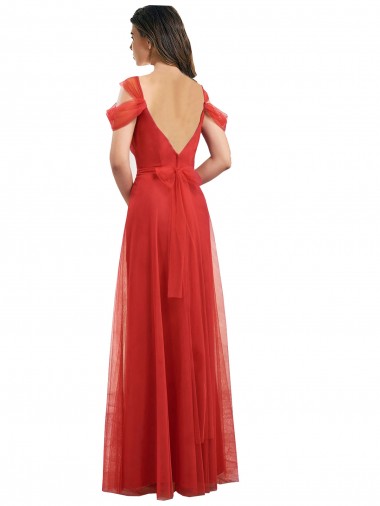Vermelho Linha A Amor Tule Longo Vestidos de Madrinha