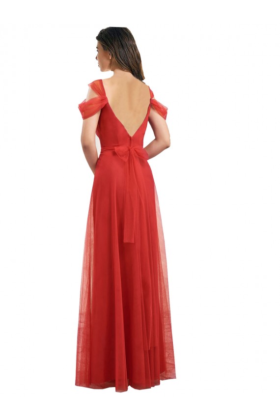 Vermelho Linha A Amor Tule Longo Vestidos de Madrinha Acessíveis