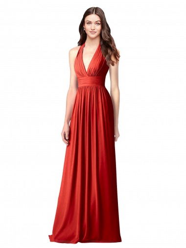 Vermelho Linha A Cabeçada Chiffon Longo Vestidos de Madrinha