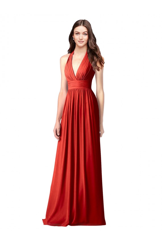 Vermelho Linha A Cabeçada Chiffon Longo Vestidos de Madrinha