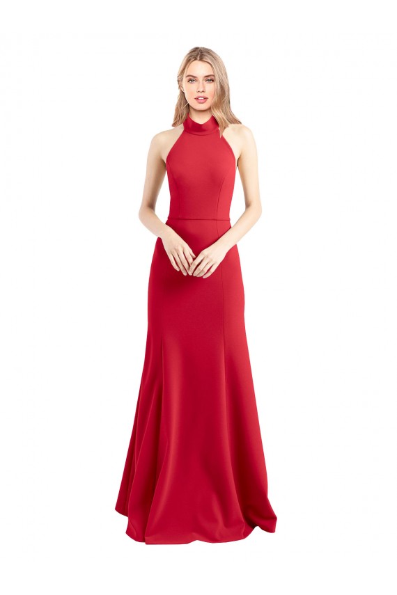 Vermelho Linha A Cabeçada Crepe Esticado Longo Formais Vestidos de Madrinha / Vestidos de Festa
