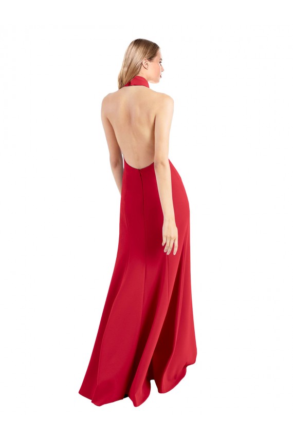 Vermelho Linha A Cabeçada Crepe Esticado Longo Formais Vestidos de Madrinha / Vestidos de Festa