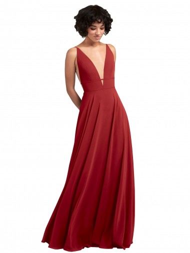 Vermelho Linha A Decote V Chiffon Longo Vestidos de Madrinha